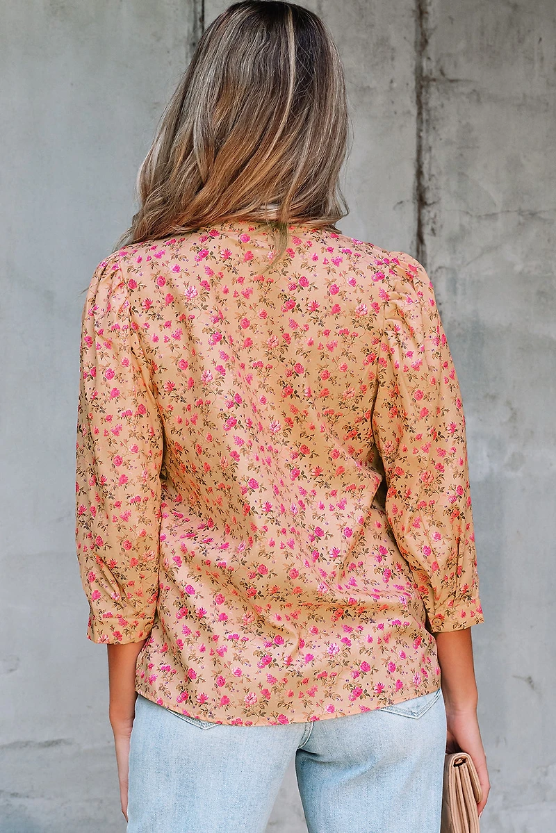 Threaded Pear Women's Sadie Floral Bow Pin-tuck Bust Half Puff Sleeve Blouse