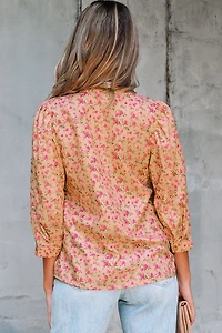 Threaded Pear Women's Sadie Floral Bow Pin-tuck Bust Half Puff Sleeve Blouse