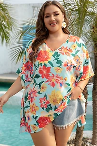 Threaded Pear Women's Jane Plus Floral V Neck Batwing Blouse