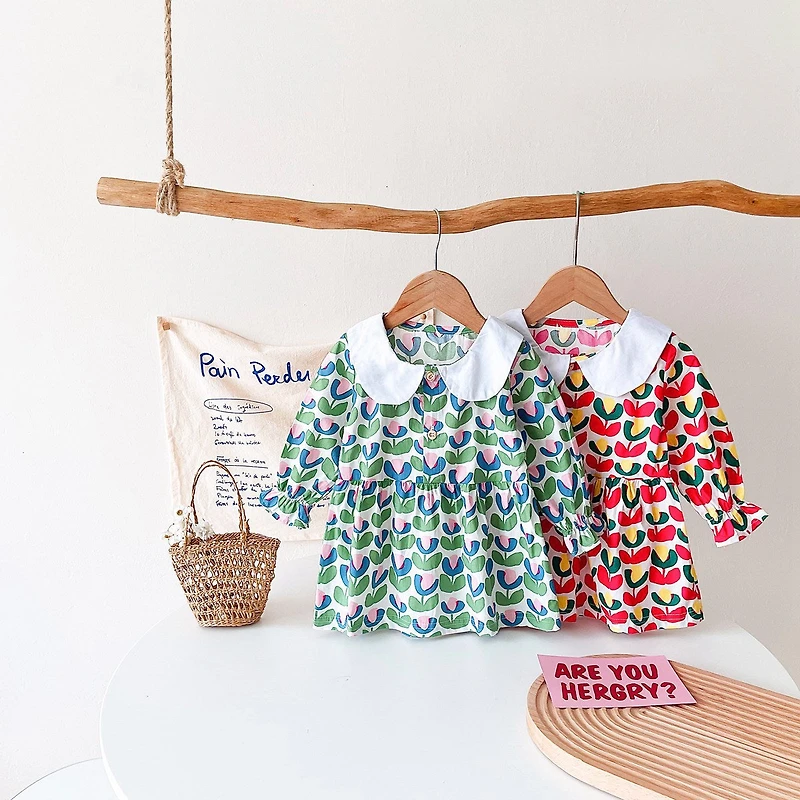 MyKids-USA Baby Girl Floral Print Pattern Doll Neck A-Line Design Dress