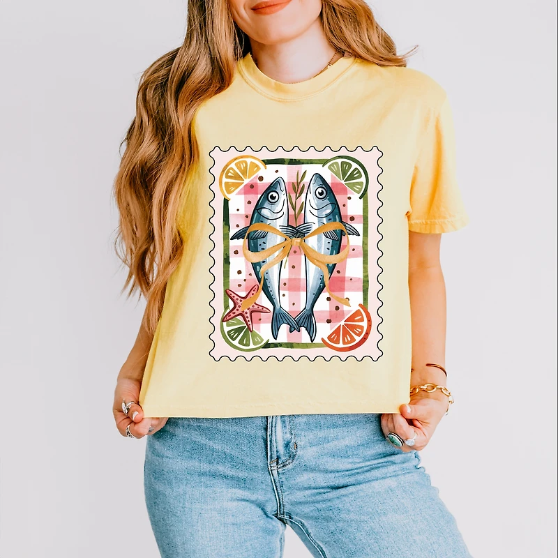Simply Sage Market - Sardines Stamp Women's Boxy Crop Top Graphic T-Shirt