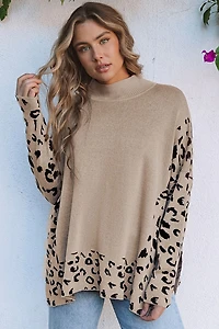 Threaded Pear Women's Sarai Leopard High Neck Side Slit Oversized Sweater