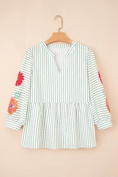 Threaded Pear Women's Ashley Stripe Flower Puff Sleeve V Neck Babydoll Blouse