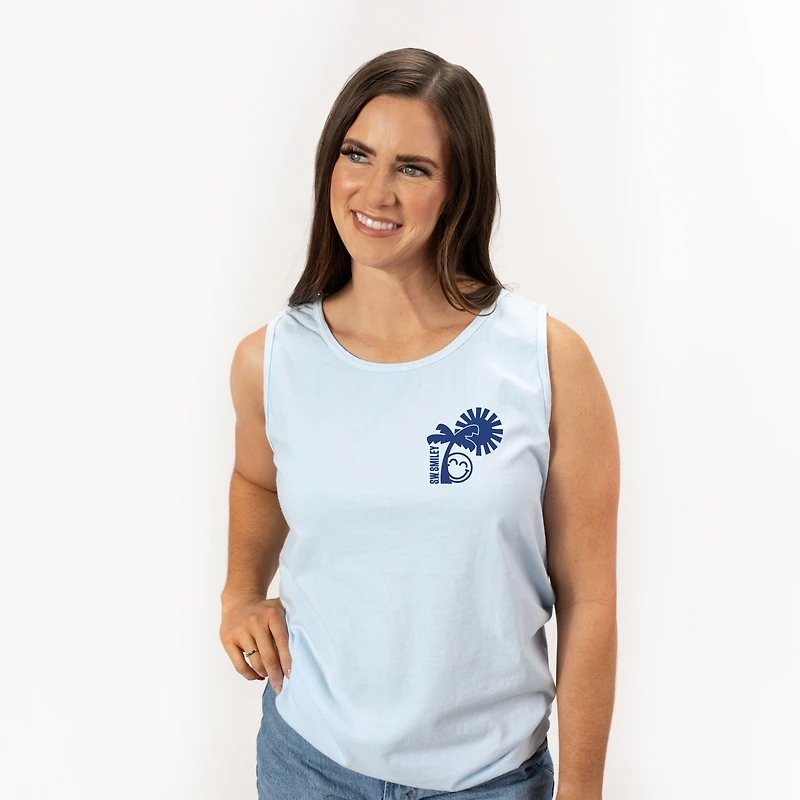 Simply Sage Market - Women's Garment Dyed Graphic Tank Top S.W.Smiley Palm Tree Sun