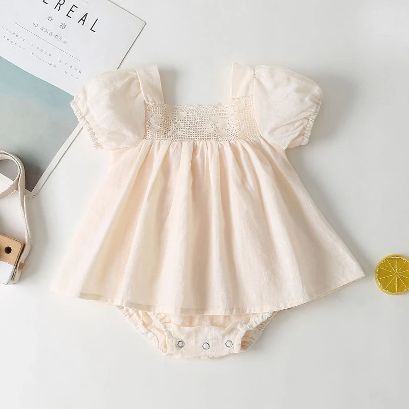 MyKids-USA Baby Girl Solid Square Collar Short-Sleeved Dress bodysuit