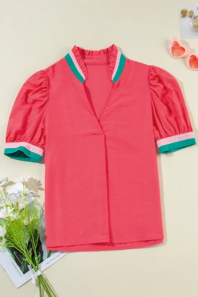 Threaded Pear Women's Becky V Neck Short Sleeve Blouse