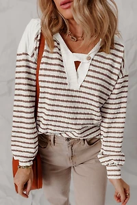 Threaded Pear Women's Ayla Stripe Textured Hooded Long Sleeve Top