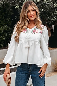 Threaded Pear Women's Skylar Flower Lace-up Babydoll Blouse