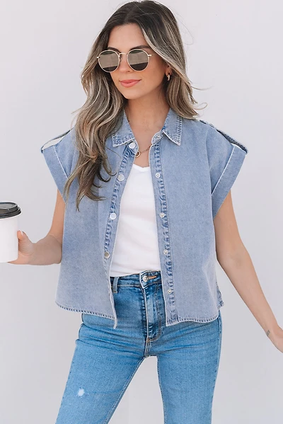 Threaded Pear Women's Emelia Denim Pinup Folded Cap Sleeve Shirt