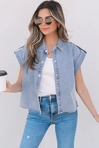 Threaded Pear Women's Emelia Denim Pinup Folded Cap Sleeve Shirt