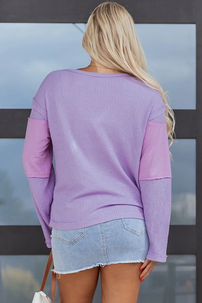 Threaded Pear Women's Sawyer Contrast Textured Patchwork Long Sleeve Top