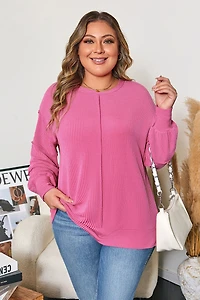Threaded Pear Women's Bonbon Spiral Ribbed Exposed Seam Detail Plus Long Sleeve Top