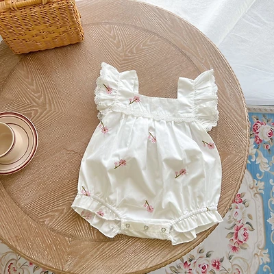 MyKids-USA Baby Girls Floral Print Ruffle Design Square-Collar Summer Cotton bodysuit