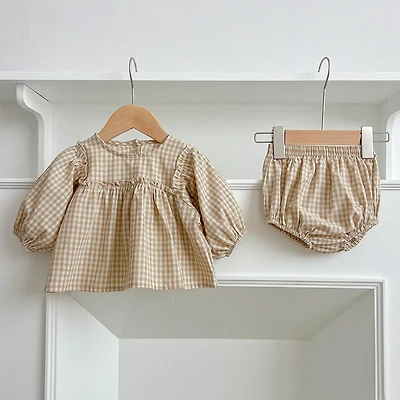 MyKids-USA Autumn Hot Selling Baby Girls Long Sleeves Plaid Top Dress And Bloomer Clothing Set