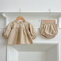 MyKids-USA Autumn Hot Selling Baby Girls Long Sleeves Plaid Top Dress And Bloomer Clothing Set