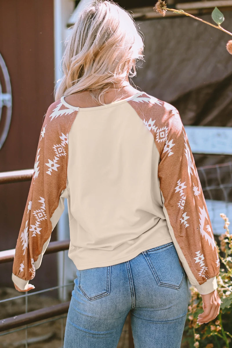 Threaded Pear Women's Mila Western Print Patch Long Sleeve Top