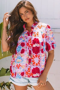 Threaded Pear Women's Mikaela Floral Bubble Sleeve Button Up Pleated Shirt