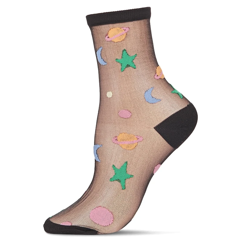 MeMoi Women's Colorful Outer Space Sheer Crew Socks