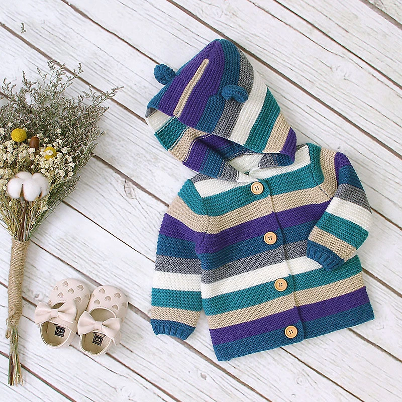 MyKids-USA Baby Striped Button-Front Knitted Cardigan with Matching Hat