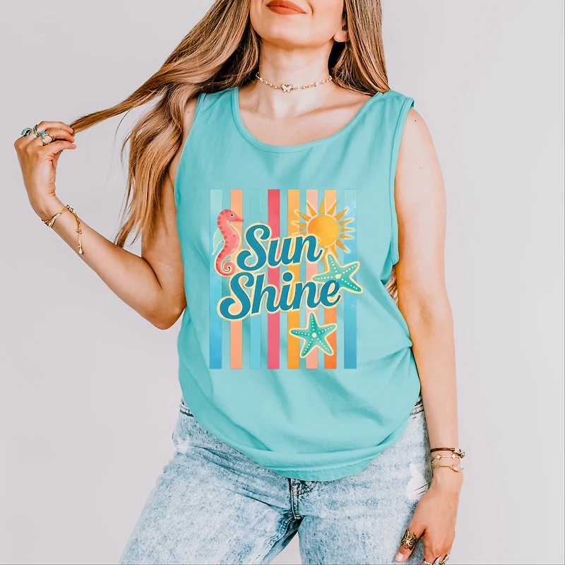 Simply Sage Market Sunshine Seahorse Stripes Women's Garment-Dyed Graphic Tank Top