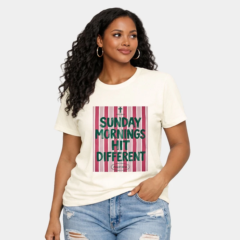 Simply Sage Market - Sunday Mornings Hit Different Stripes Women's Short Sleeve Graphic T-Shirt