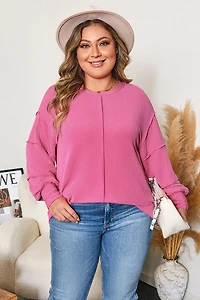 Threaded Pear Women's Bonbon Spiral Ribbed Exposed Seam Detail Plus Long Sleeve Top
