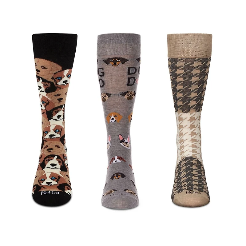 MeMoi Men's 3 Pair Pack Novelty Pet Lovers Crew Socks