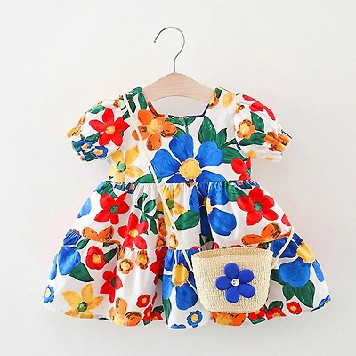 MyKids-USA Baby Floral Pattern Short Sleeve Crewneck Dress with Purse