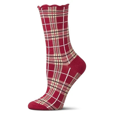 MeMoi Women's Classic Plaid Lettuce Edge Crew Socks