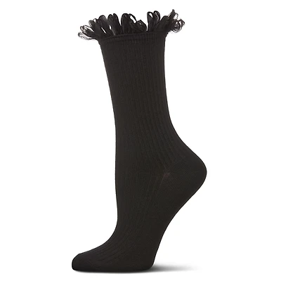 MeMoi Women's Fine Rib Loop Cuff Crew Socks