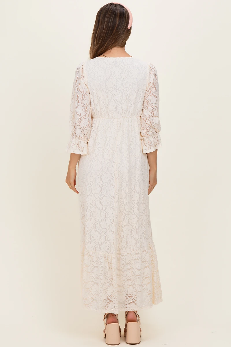 PinkBlush Womens Ivory Floral Lace 3/4 Ruffle Sleeve V-Neck Maternity Maxi Dress