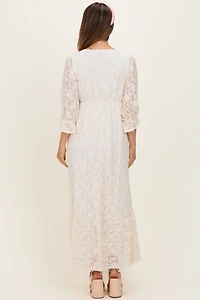 PinkBlush Womens Ivory Floral Lace 3/4 Ruffle Sleeve V-Neck Maternity Maxi Dress