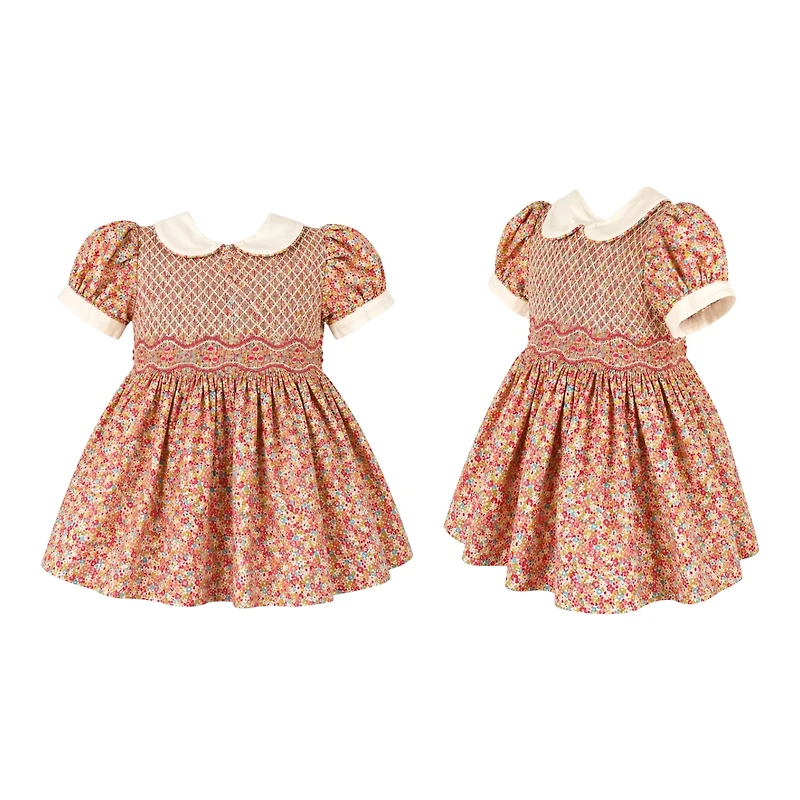 Laurenza's Baby Girls Pink Floral Smocked Dress with Embroidery