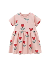 MyKids-USA Spring And Summer Baby Girls Pink Short Sleeves Flowers Collection Dress