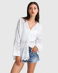 Belle & Bloom Womens Unbutton Me Eyelet Button Down Shirt