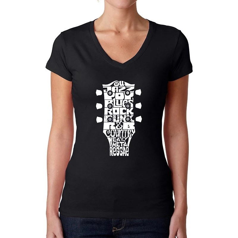 LA Pop Art Womens Word V-Neck T-Shirt - Guitar Head Music Genres