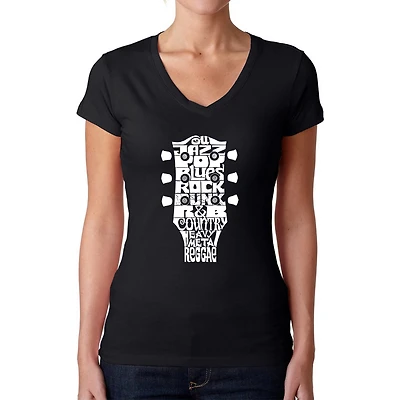 LA Pop Art Womens Word V-Neck T-Shirt - Guitar Head Music Genres