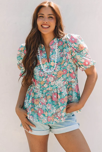Threaded Pear Women's Amaris Notched Neck Puff Short Sleeve Floral Blouse