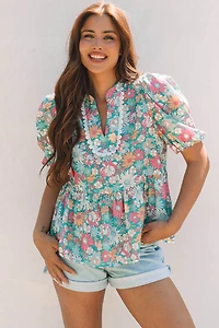 Threaded Pear Women's Amaris Notched Neck Puff Short Sleeve Floral Blouse