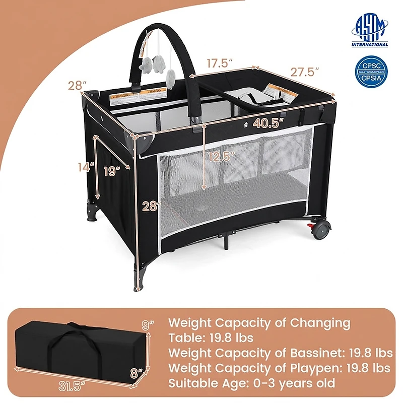 SUGIFT 3-in-1 Foldable Portable Baby Playard and Travel Crib with Bassinet Changing Table and Mesh Walls