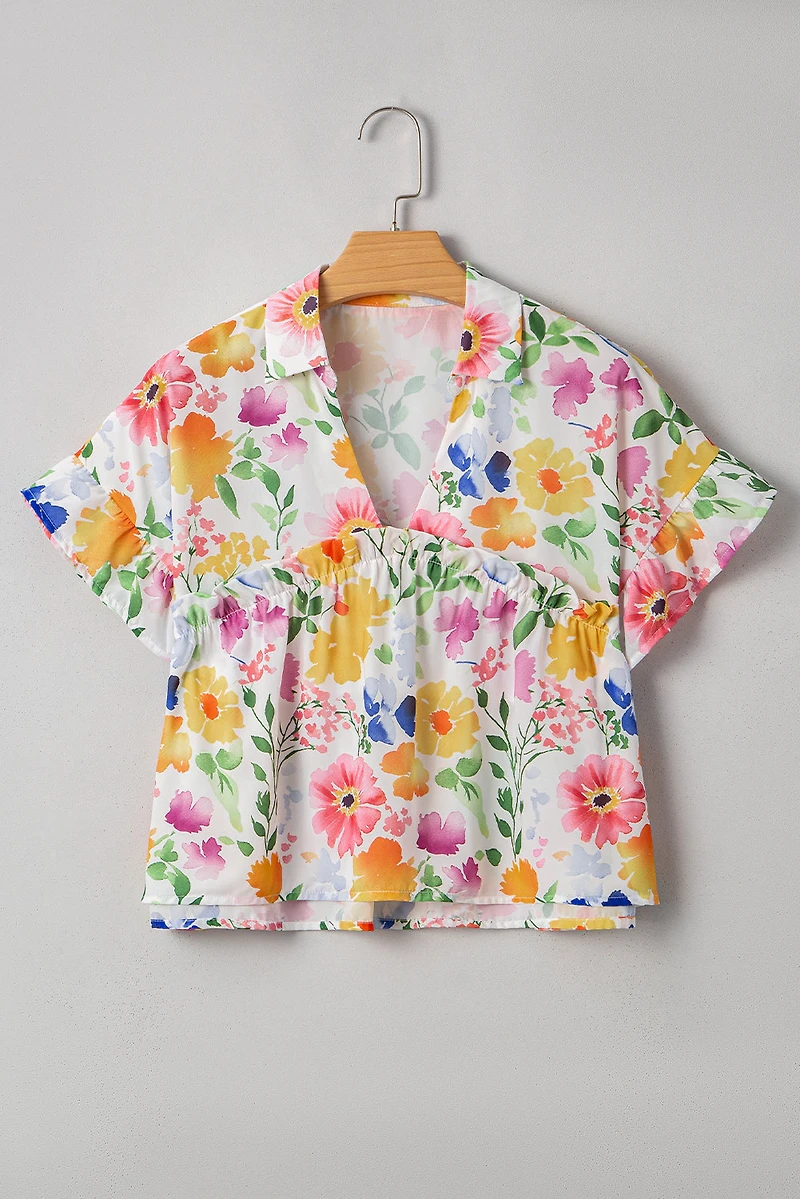 Threaded Pear Women's Liberty Floral Boxy Fit Ruffled Short Sleeve V Neck Blouse