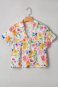 Threaded Pear Women's Liberty Floral Boxy Fit Ruffled Short Sleeve V Neck Blouse