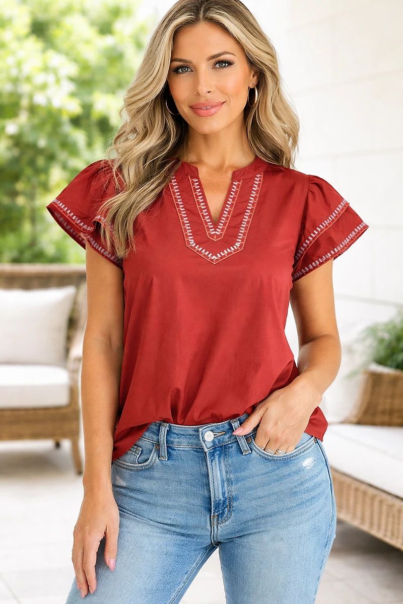 Threaded Pear Women's Andie Trim Flutter Sleeve Blouse
