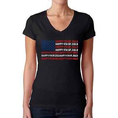 LA Pop Art Womens Word V-Neck T-Shirt - Happy 4th of July