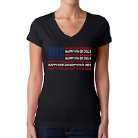 LA Pop Art Womens Word V-Neck T-Shirt - Happy 4th of July