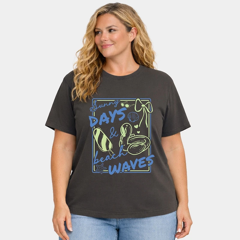 Simply Sage Market - Sunny Days & Beach Waves Flamingo Women's Plus Sized Garment Dyed Graphic T-Shirt