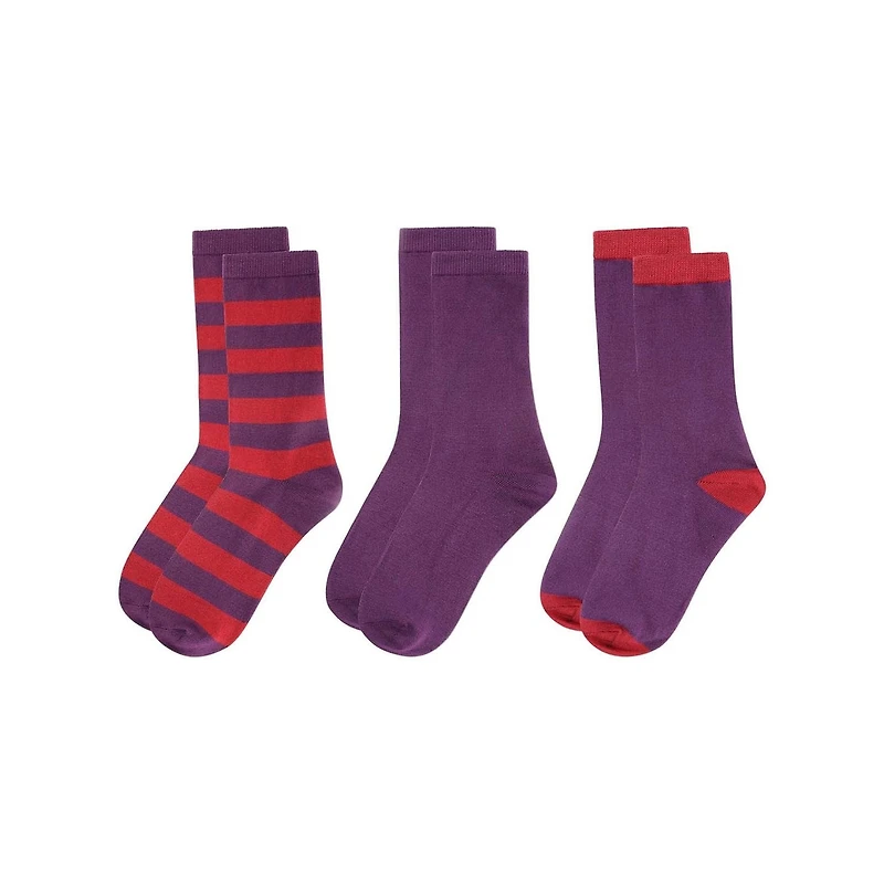 MeMoi 3 Pair Women's Buttersoft Crew Socks - Stripes and Solid Colors