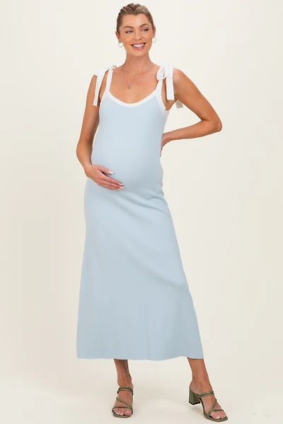 PinkBlush Womens Light Blue Knit Contrast Shoulder Tie Maternity Dress