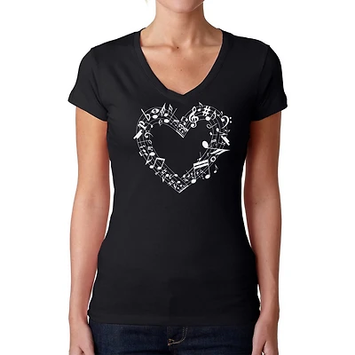 LA Pop Art Womens Word V-Neck T-Shirt - Sheet Music Heart