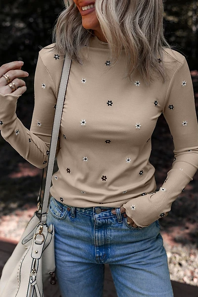 Threaded Pear Women's Genesis Embroidered Detail Ribbed Long Sleeve Top
